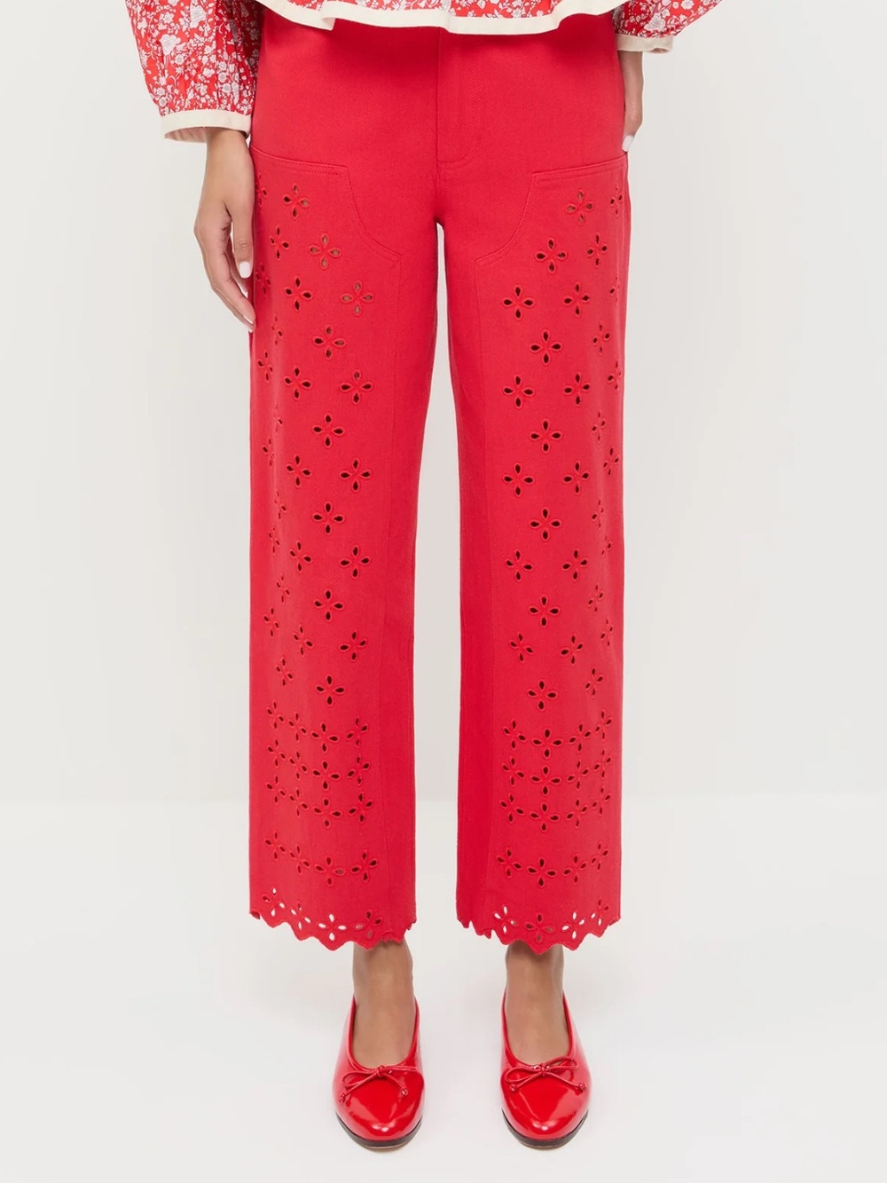 Loeffler Randall Red Eyelet Wide-Leg Pants